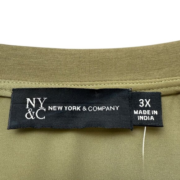 New York & Company Womens Top Plus Size 3X Puff Sleeve V-Neck Satin Blouse Green - Picture 7 of 11